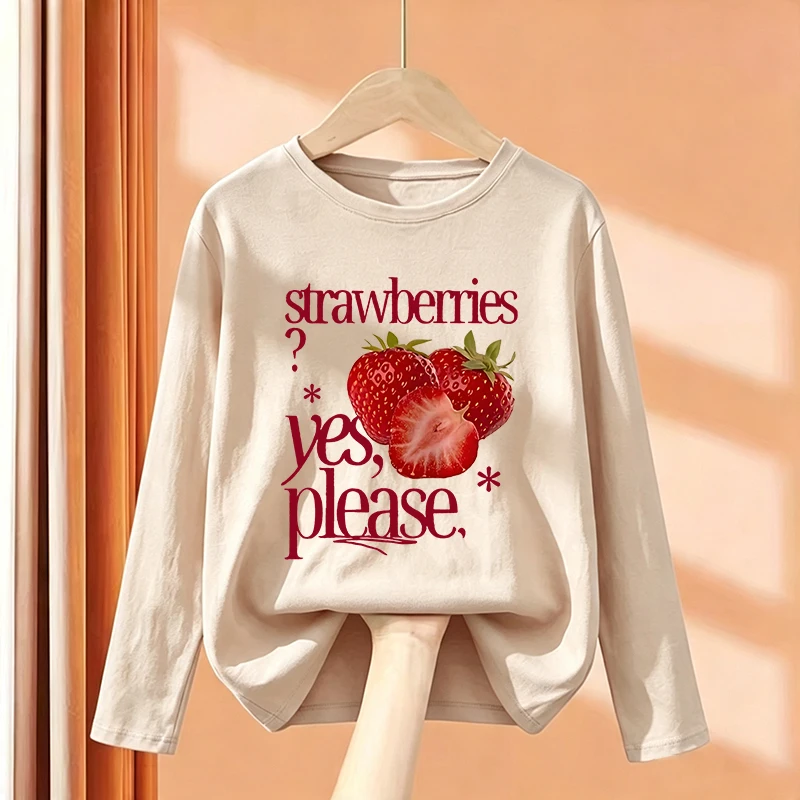 Sweet Strawberry Print Long Sleeve Trendy T Shirts Kids Children's T-shirt Graphic Boys Girls Autumn Casual Top Tee Shirt