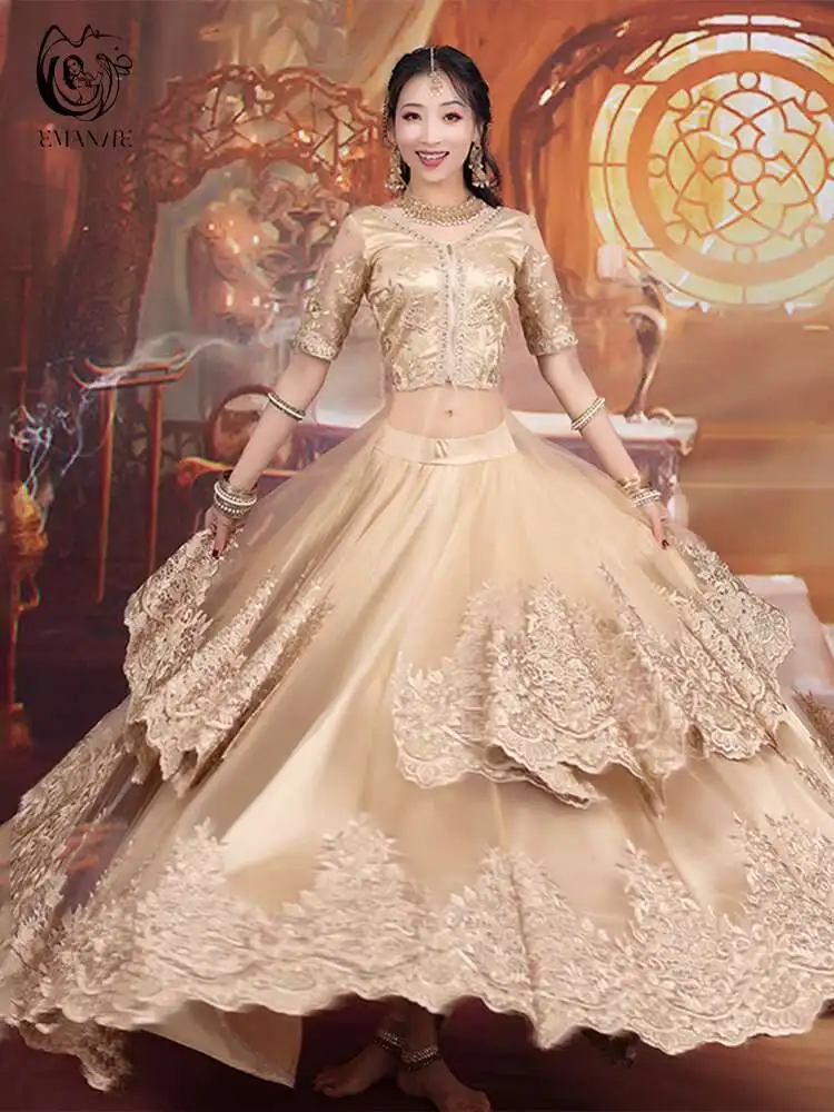 

Yiman Exotic Indian Dance Ethnic Style Women's Photo Gold Thread Double Embroidery Sari Top With Large Skirt Set