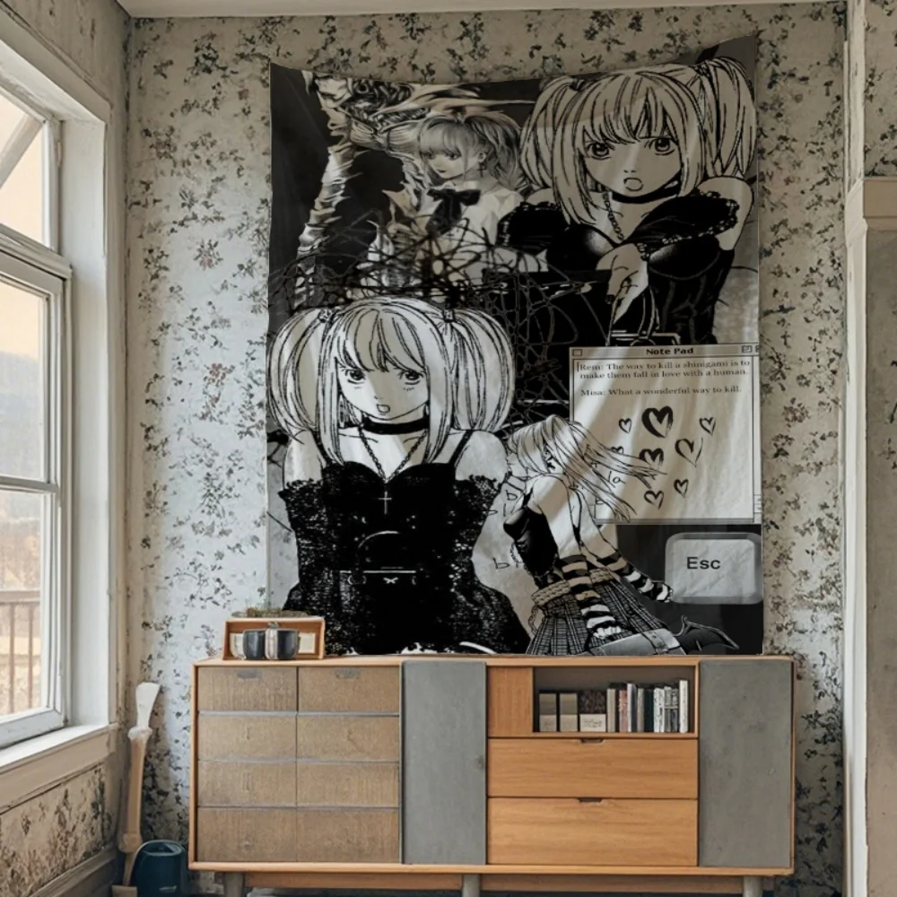 Tapiz del manga Death Note (Misa Amane) — Adorno de pared estilo anime gótico en blanco y negro, ideal para dormitorios otaku y decoración de ambientes de estética oscura.