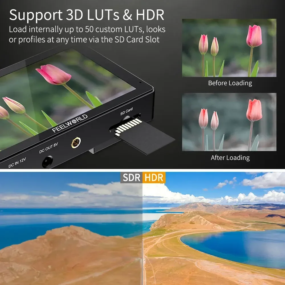 شاشة تصوير Feelworld LUT5 مقاس 5.5 بوصة تعمل باللمس 3000nit ثلاثية الأبعاد LUT Rec.709 HDR 4K HDMI I/O F970 طاقة خارجية سهلة التعديل