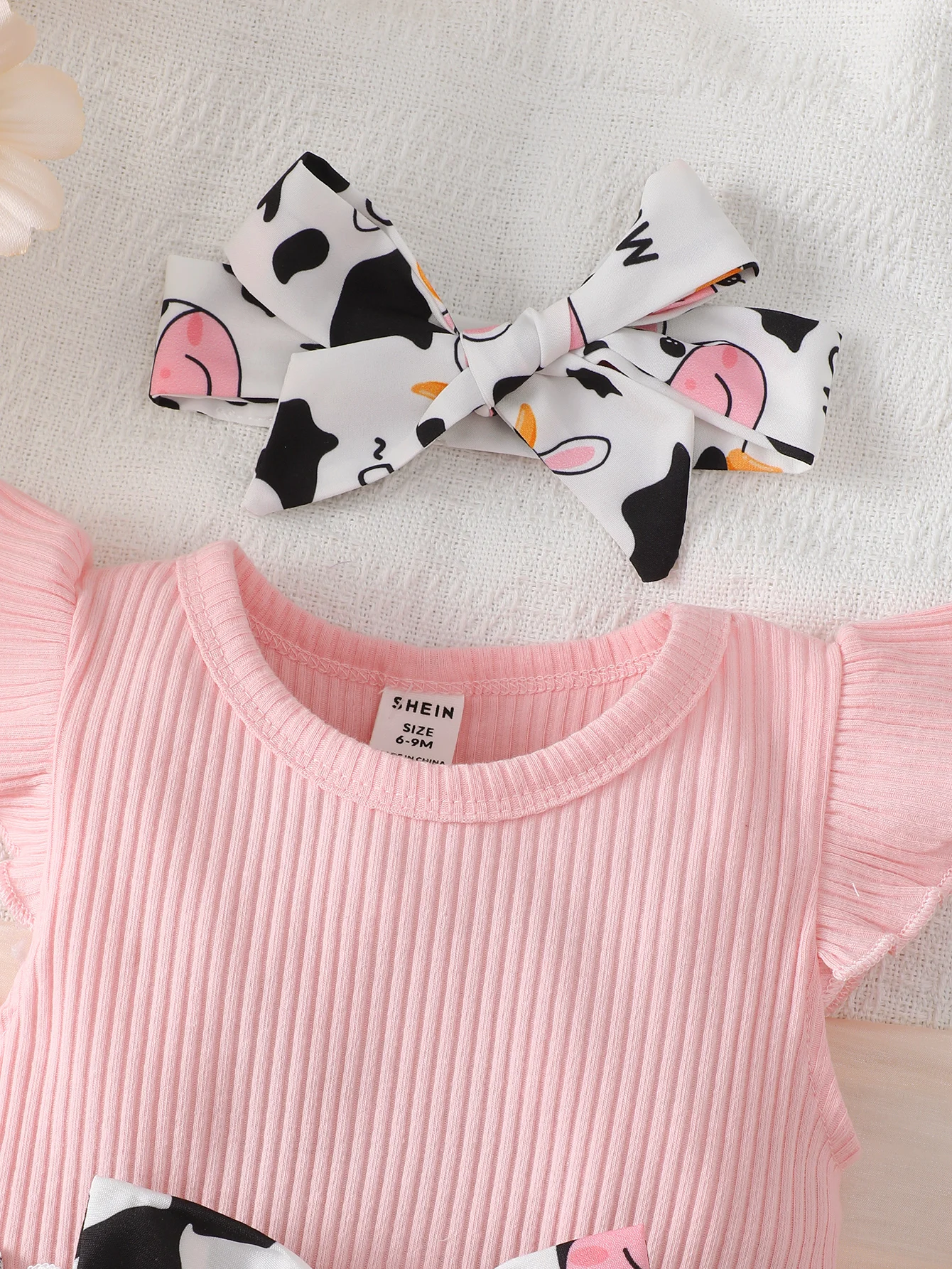 Cute Cartoon Cow Baby Girl Dress Skin-Friendly Round Neck Flying Sleeve Patchwork Design Lively Skirt Bow Headband Two-Piece Set