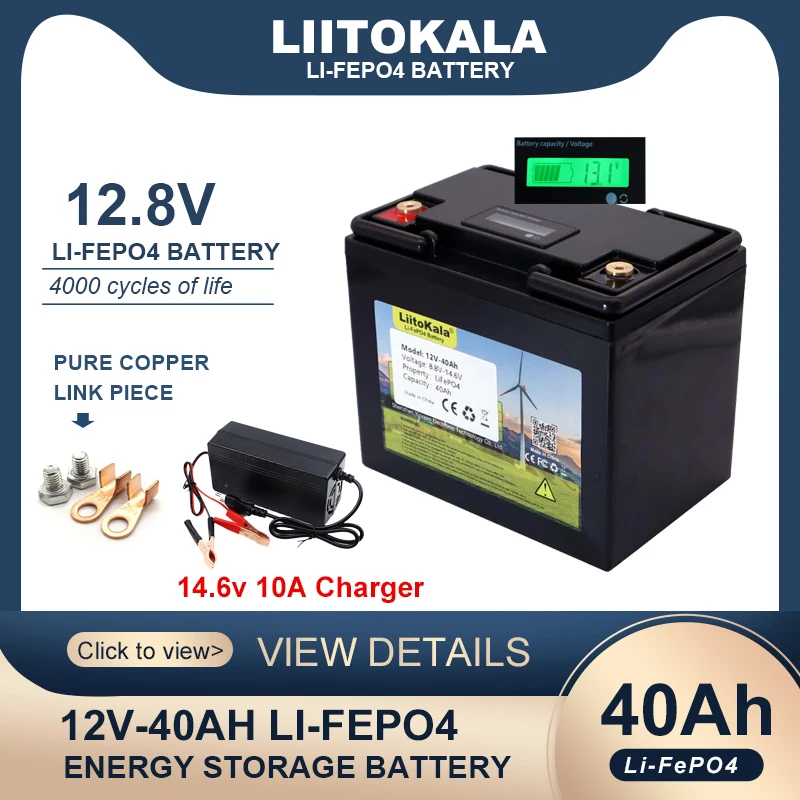 LiitoKala 12.8V 40AH LiFePO4 Battery with BMS Lithium Iron Phosphate Batteries 12v Car ignition inverter Solar 14.6v 10A Charger