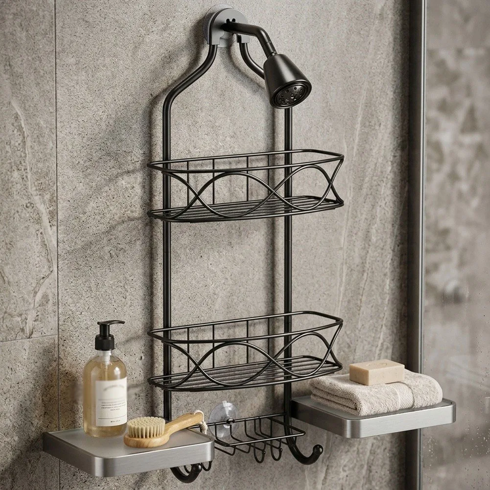 3-Tier Metal Shower Organizer Hanging Over Shower Head with Soap Holder and 10 Hooks Black for Vertical Storage