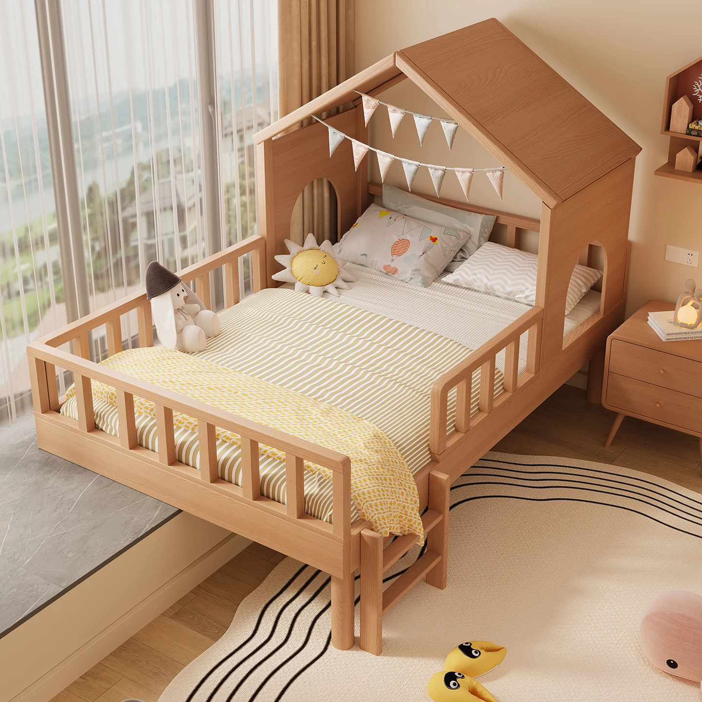 سرير نافذة الخليج مصنوع بالكامل من الخشب الصلب للأطفال Be D Girl Princess Boy Tree House Be D مع حاجز حماية نصف ارتفاع للأطفال B ed