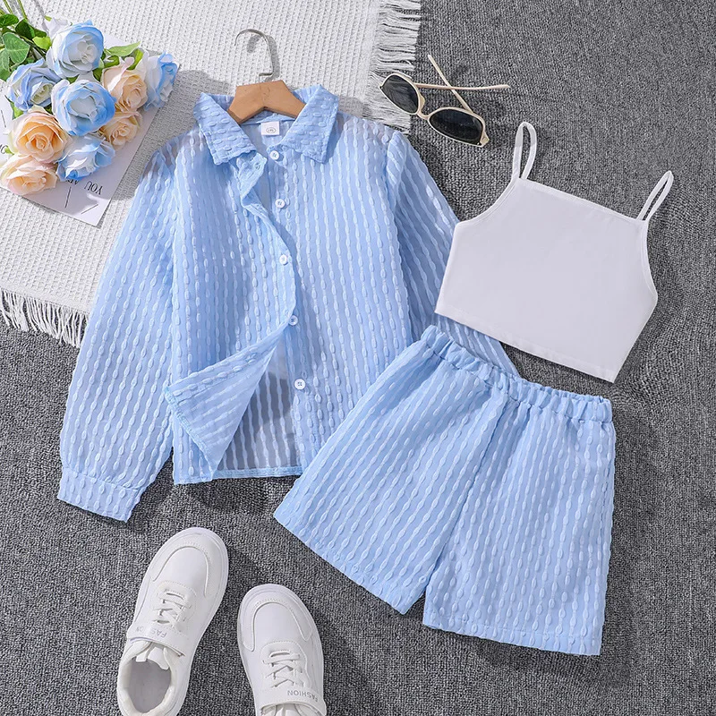 

2024 New Clothing Set Girls Long Sleeve Turn-down Collar T-shirt Blue Shorts 3 Pcs Sets Casual Girls Clothes Set 8-12T