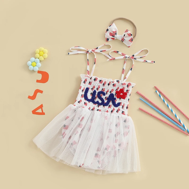 الرضع طفلة 4th من يوليو الزي العلم الأمريكي التعادل الكتف Smocked رومبير فستان القوس عقال طفل 2 قطعة الصيف مجموعة