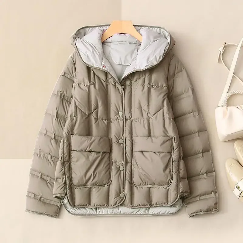 Nowe luźne kurtki puchowe damskie na zimę 2025, stójka, jednorzędowa kurtka puchowa, codzienne, rekreacyjne płaszcze damskie z kapturem.