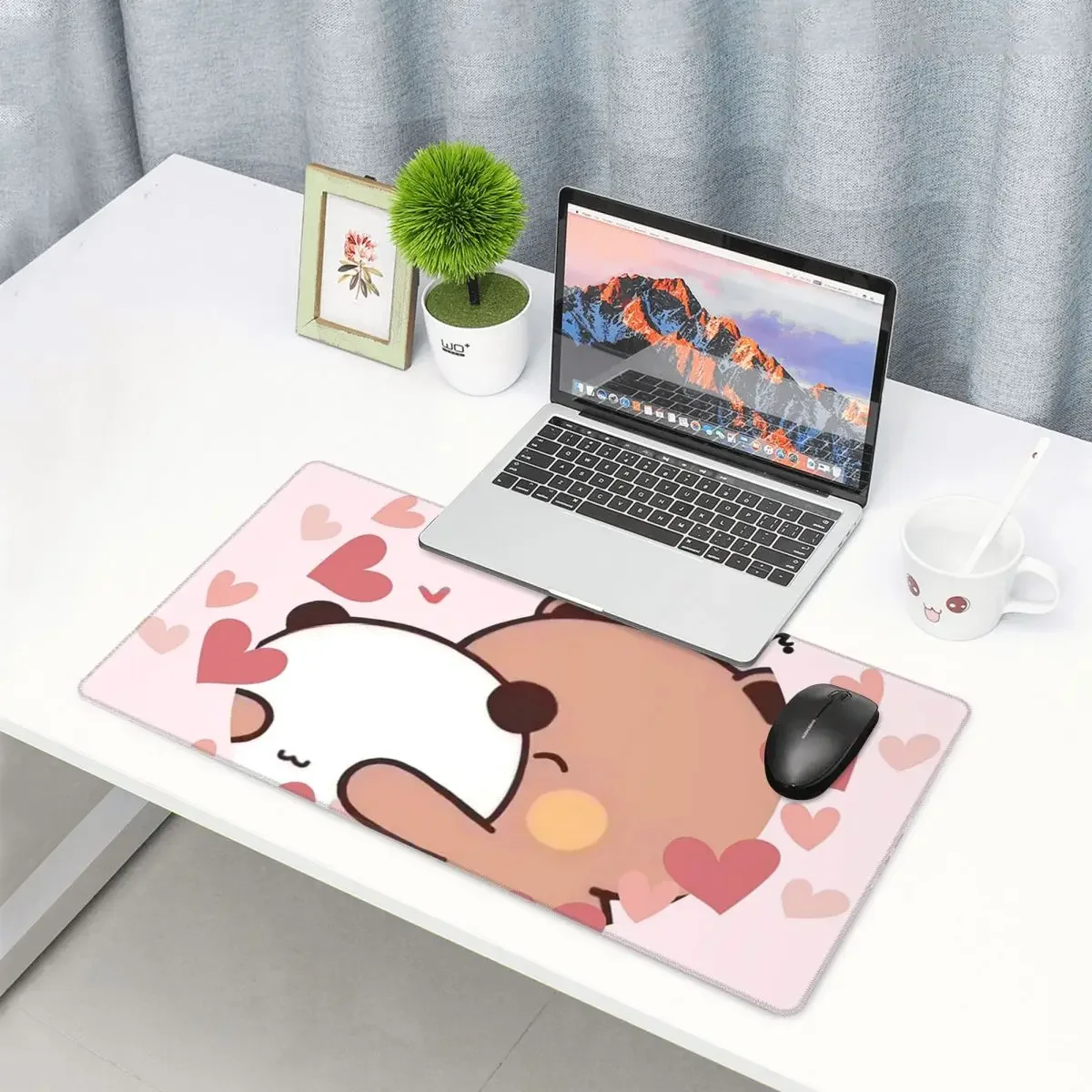 Large Mouse Pad Panda Bear And Brownie True Love Happy Birthday BUBU DUDU Gamer PC Laptop Mats Keyboard Desk Mat