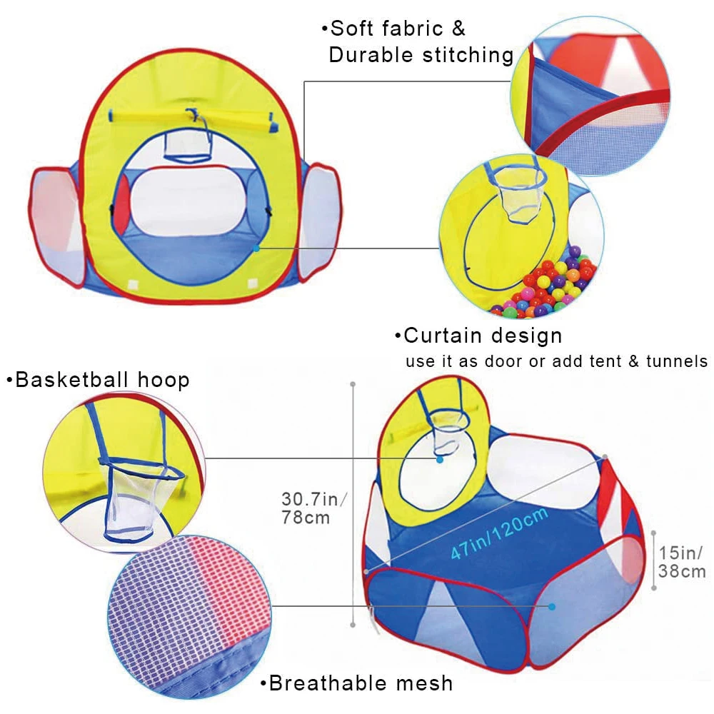 Portátil Baby Ball Pool com cesta, Tenda Dobrável, Indoor Pit, Esportes ao ar livre, Brinquedo Educativo, 1.2m