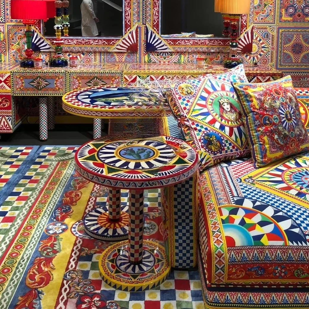Artistic folk elements sofa side table classic geometric ethnic style pattern design living room side table