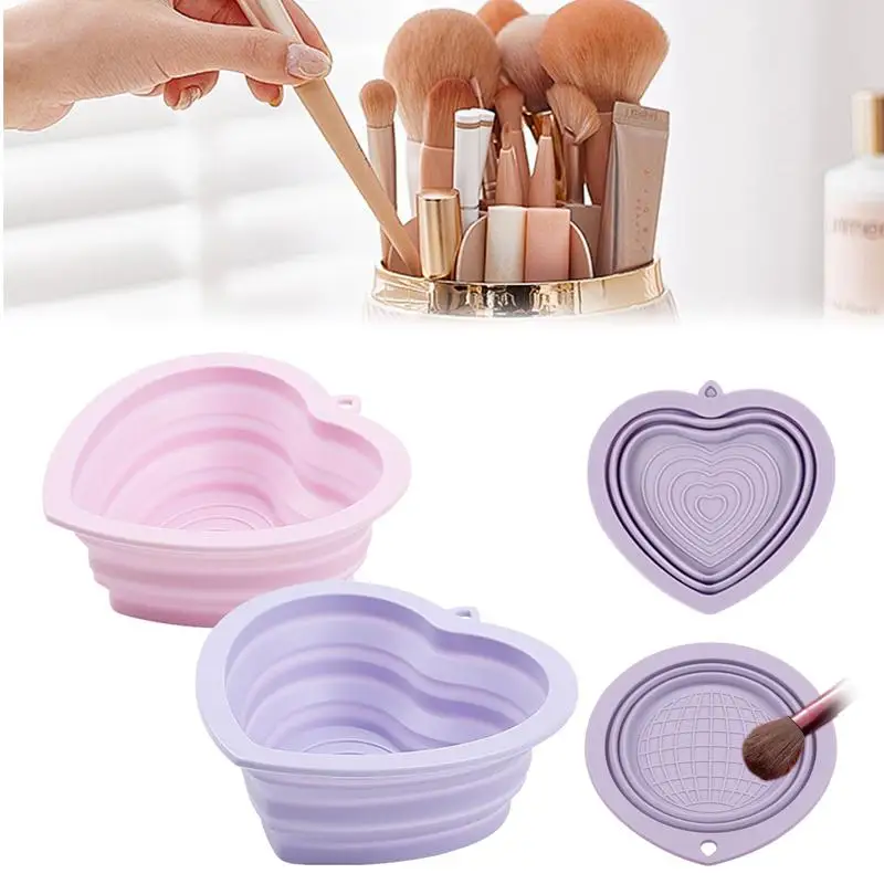 Detergente per pennelli per trucco in silicone a forma di cuore/rotondo, ciotola per pulizia pieghevole per soffio di cipria, per lavare tappetino morbido, scatola per strumenti di bellezza