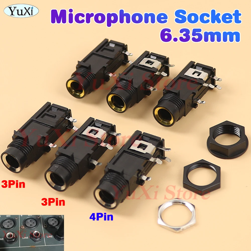 6.35mm 6.5mm Audio Jack Connector 4Pin 3Pin Mono Female Socket PCB Panel Mount Microphone Chassis Audio Straight Adapter Nut