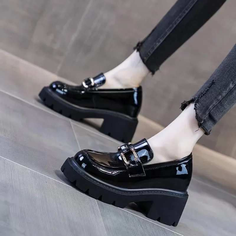 British Style Chunky Platform Women Pumps 2024 Spring Women Patent Leather High Heel Shoes Autumn Vintage Office Female Loafers