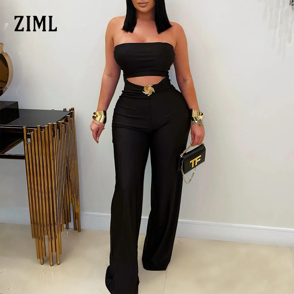 

ZIML Solid Slimming Temperament Jumpsuits For Women Strapless Sleeveless High Waist Summer Hollow Out Chic Jumpsuit Female New