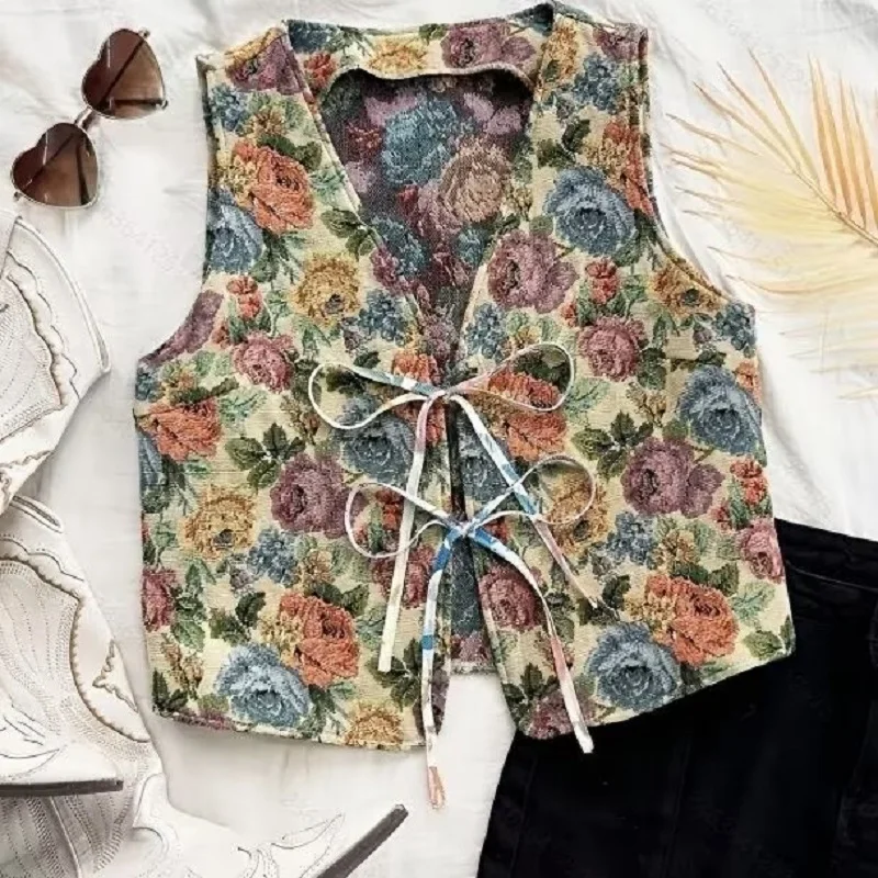 Womens Printed Flowers Vest Lace up Waistcoat Summer