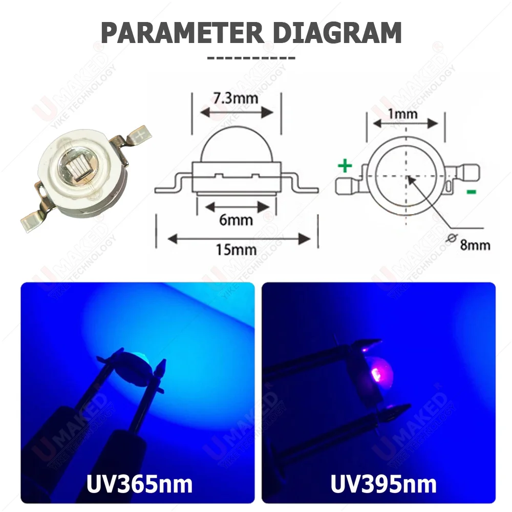 10pcs 3W UV High Power LED Light Beads Ultra Violet Purple LED Chip 365nm 370nm 380nm 390nm 395nm 400nm 405nm 410nm Lamp Bulb view 3