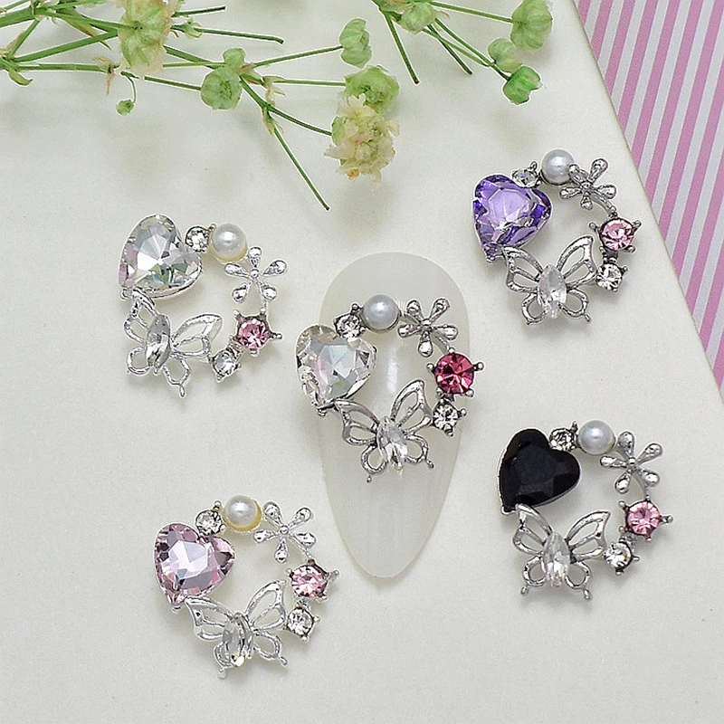 

10PCS 3D Luxury Alloy Wreath Nail Art Decoration Charms Supplies Hollow Out Butterfly Love Heart Rhinestone Garland Accessories