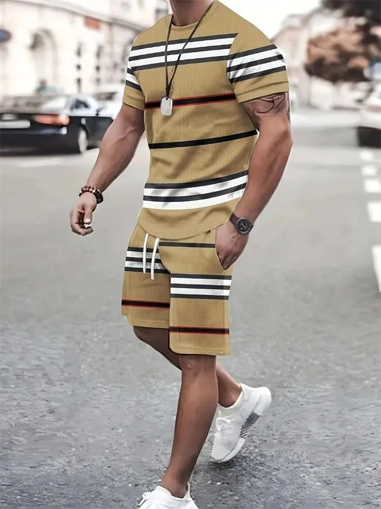 Men's short sleeved shirt outdoor breathable quick drying street fashion breathable casual round neck T-shirt shorts set