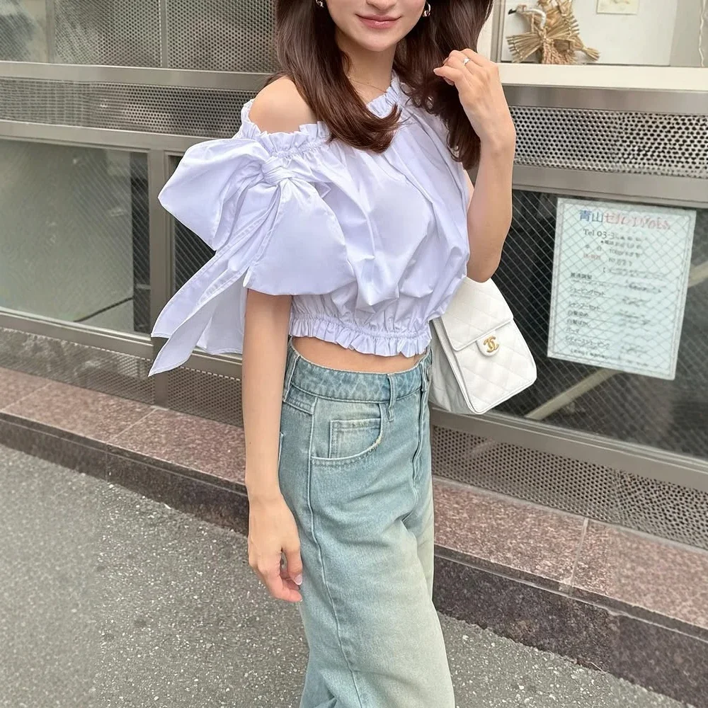 2025 Japanese Women's Personalized Off-the-shoulder Pleated Fungus Bow Asymmetrical Short Top Black and White Shirt Blouse Mujer