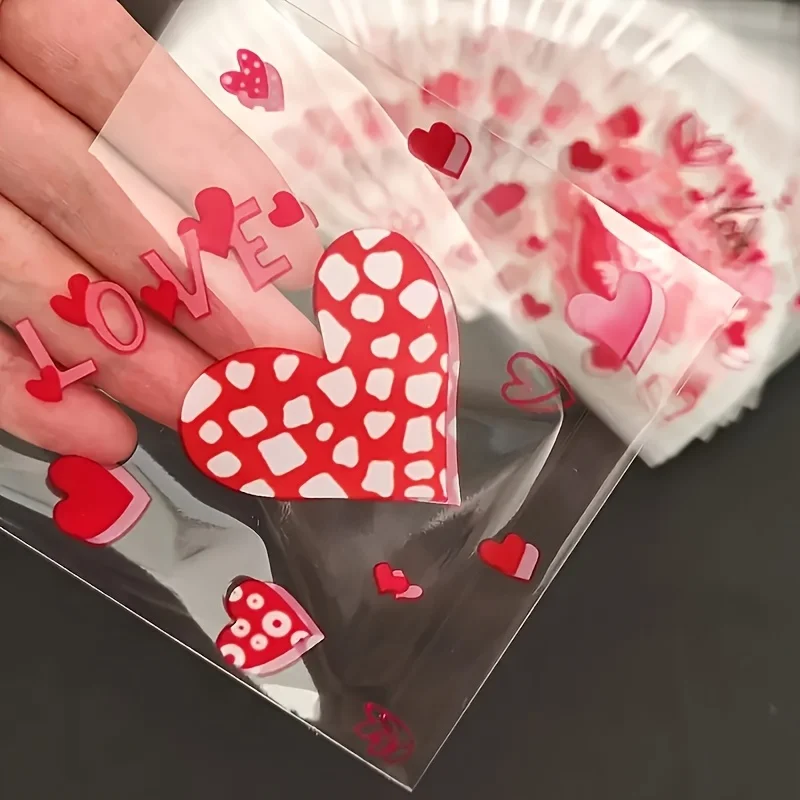 100pcs Red Heart Kiss Me Printed Gift Decoration OPP Bags, Valentine's Day Wedding Theme Party Couple Lover's Gift Decor Bag