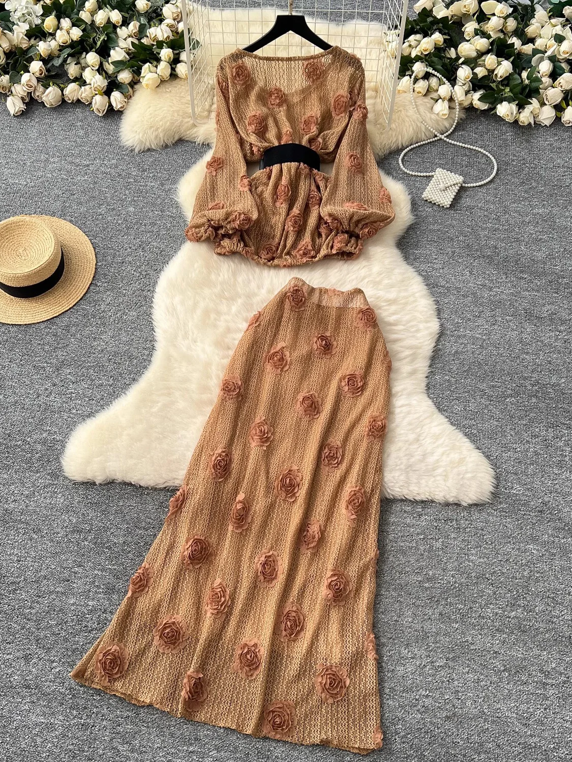 

Autumn Khaki/Black/Beige Two Piece Set Women Vintage 3D Flower Patchwork O-Neck Puff Sleeve Blouse + High Waist Skirt Suit New