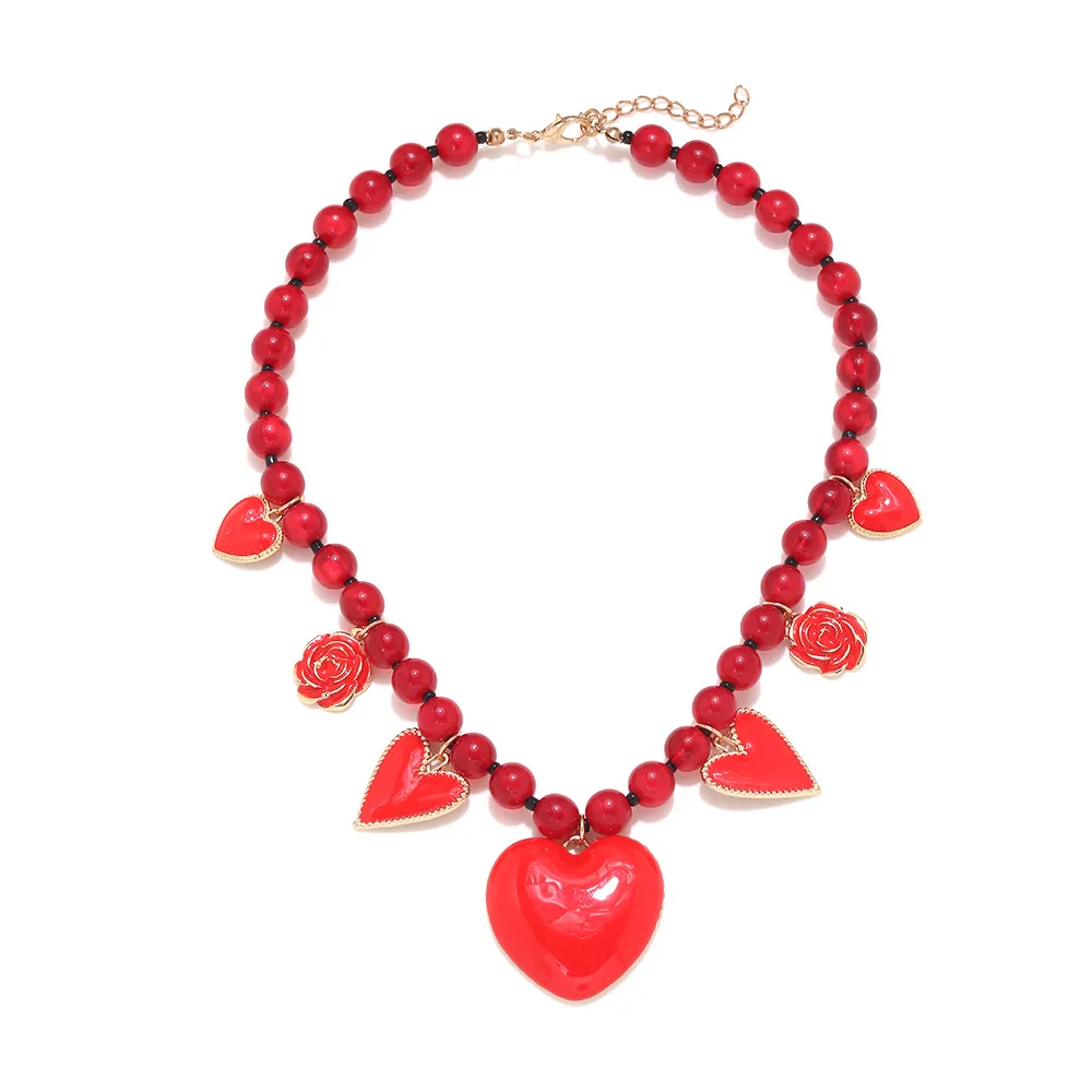 Vintage Red Handmade Beaded Alloy Drop Oil Heart Pendant Necklaces for Women Y2K Jewelry Party Statement Neck Accessories