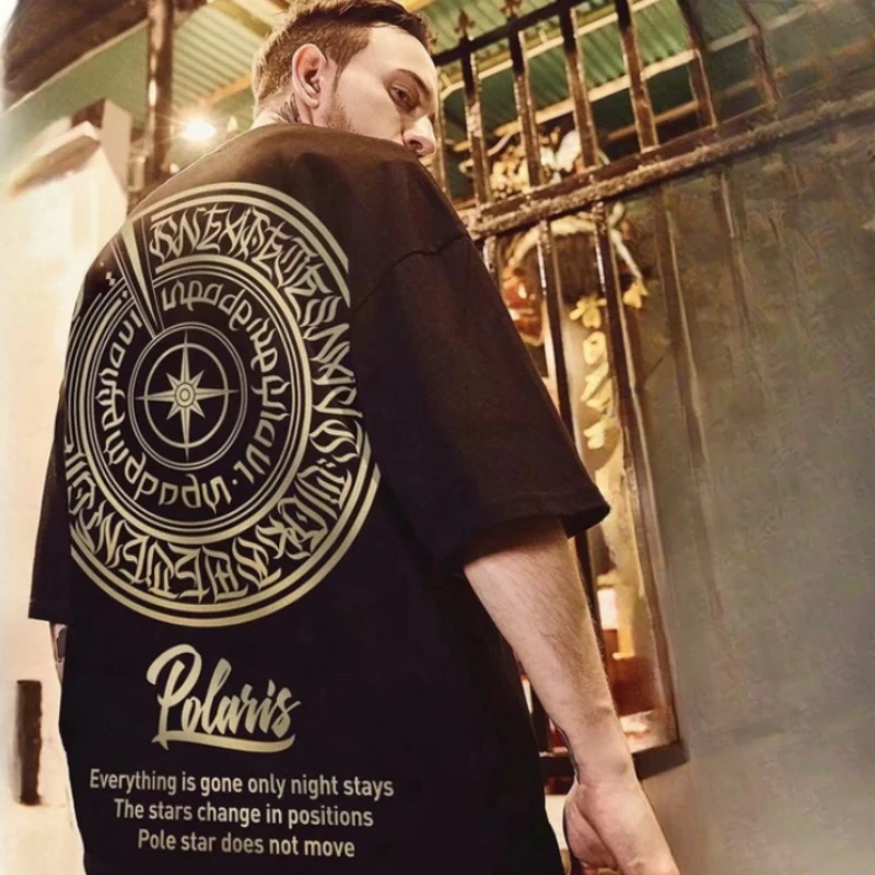 8XL Loose Fitting Fashionable Trendy New Eight pointed Star Formation Print T-shirt with Casual Men Versatile Couple Outfit
