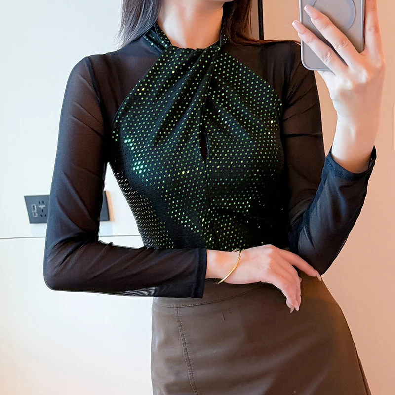 

Y2K сексуальная рубашка женская сетчатый топ с блестками с длинным рукавом базовый слой модный осенне-зимний новый стиль