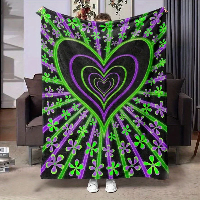 

pc Vibrant Heart Flower Print Flannel Blanket Soft Warm AllSeason Throw with Green Purple Design Perfect for Sofa
