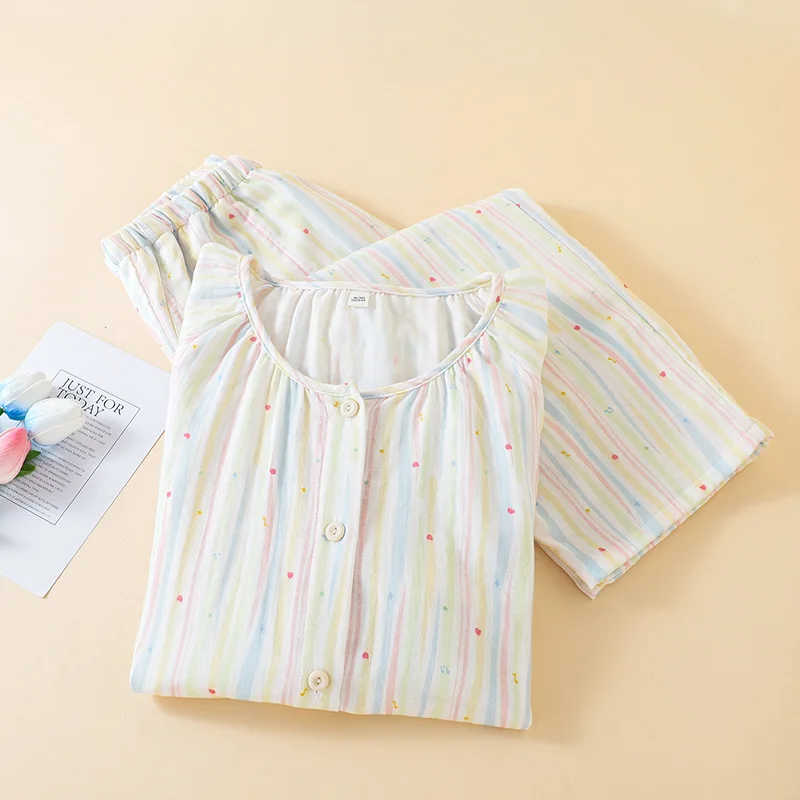 

2026 Summer New Women's Pajama Set 100% Cotton Thin Breathable Short Sleeves+Pants Loose Large Home Clothes Two Piece Set