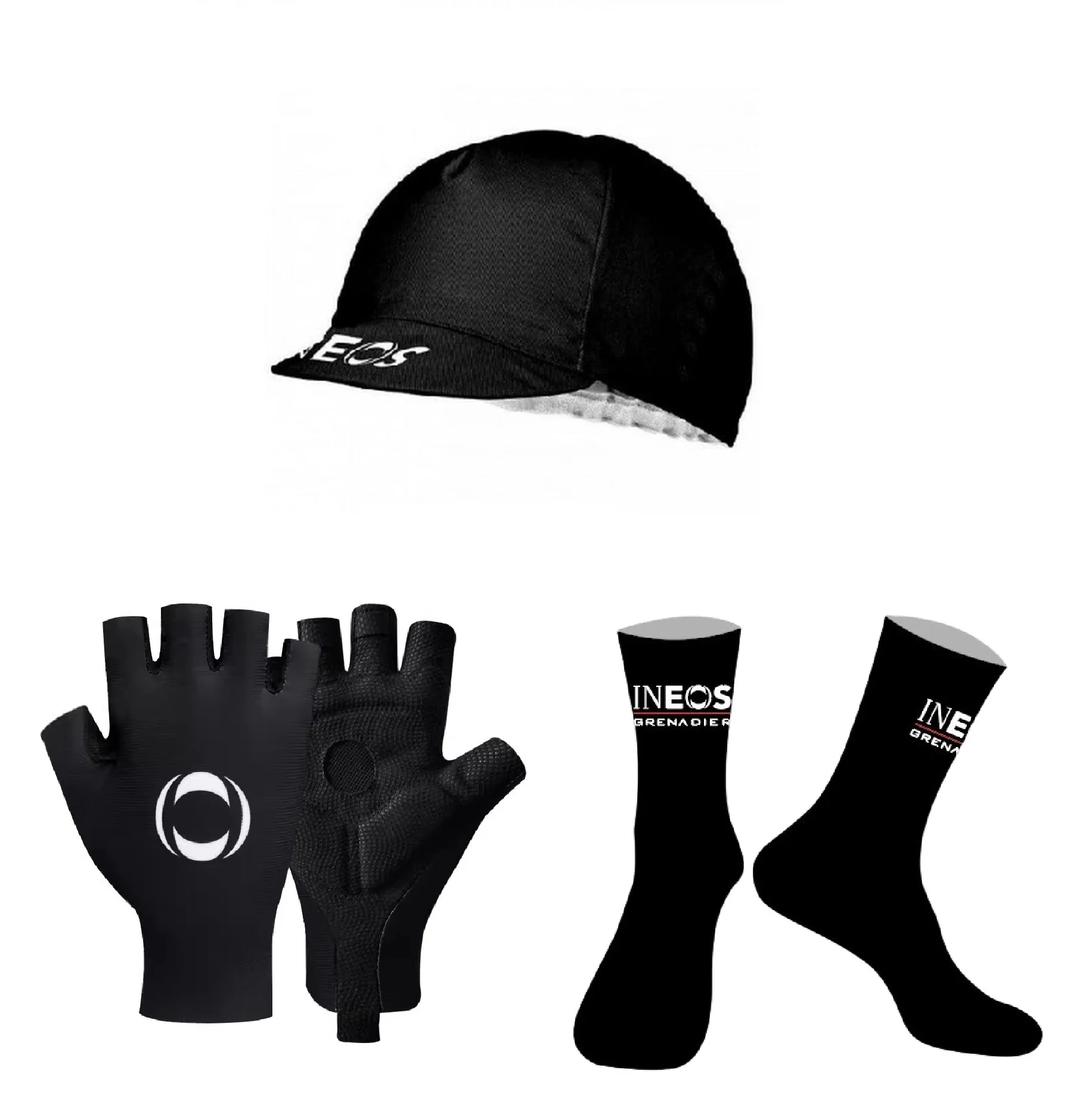 2024 INEOS Grenadier Team BLACK One Pair Half Finger Cycling Gloves + ONE PAIR CYCLING SOCKS + Polyseter Caps