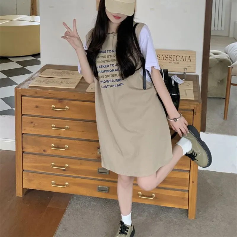 Casual Contrasting Colors Midi Dress Summer Korean Spliced Chic Fake Two Pieces Women\'s Clothing Basic Letter Straight Dresses