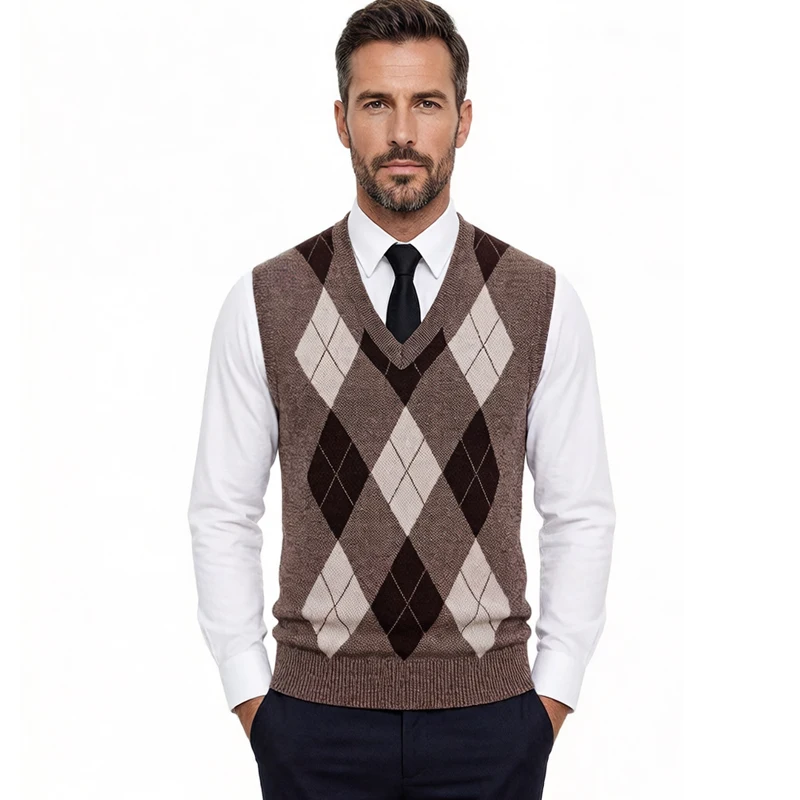 Mens Business Casual Knit Vest Classic Argyle Light Weight Knitwear Suit Vest Versatile Sleeveless Pullover Vests