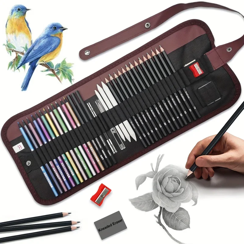29/36/52Pcs Drawing Kit Sketching Pencils Set,Portable Pen Curtain-Charcoal Pencils,Sketch Pencils,Eraser,Pencils Colored Set