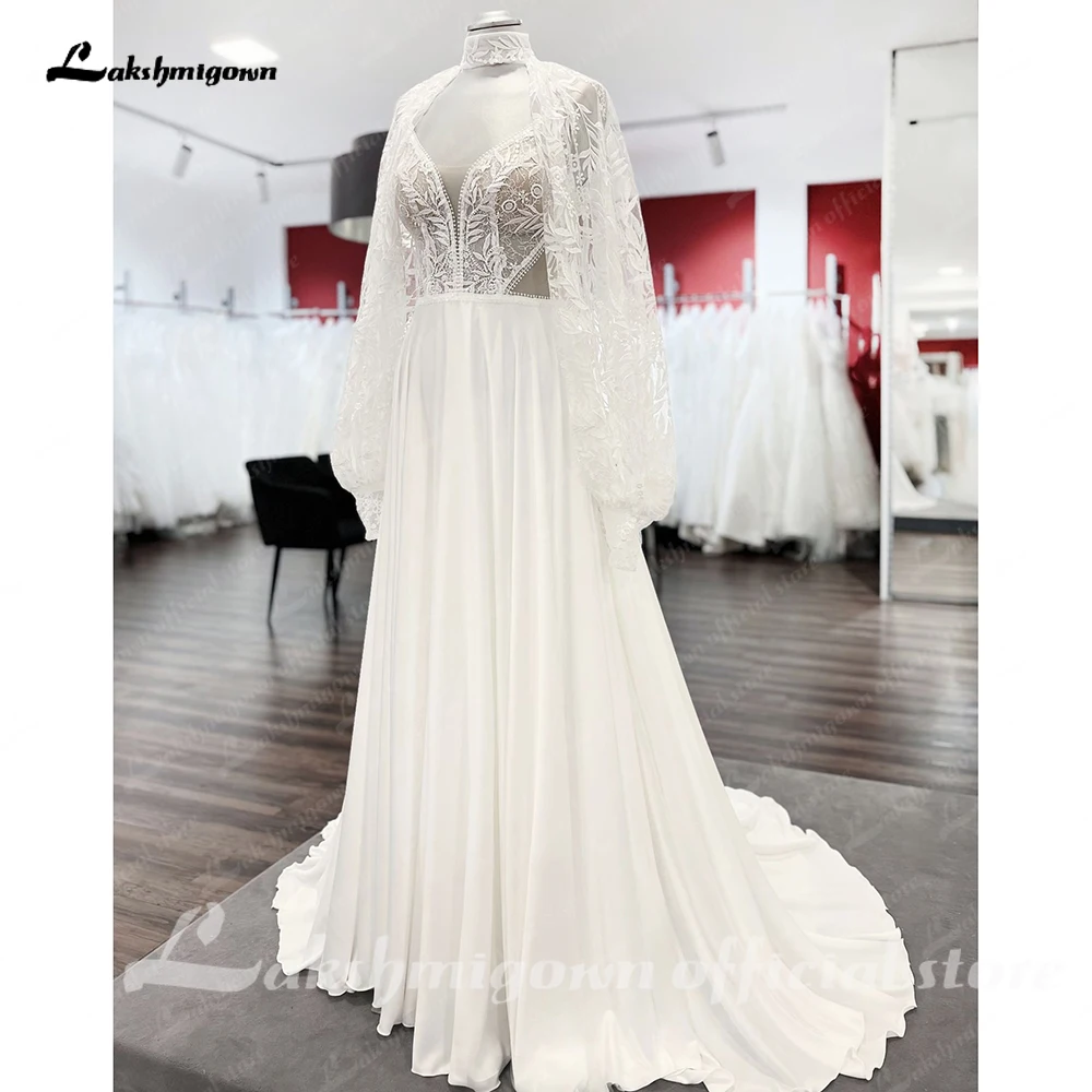 Lakshmigown Bohemian Boho Wedding Dress with Dectachable Long Sleeves V Neck 2025 Backless Bridal Gown trouwjurk abito da sposa