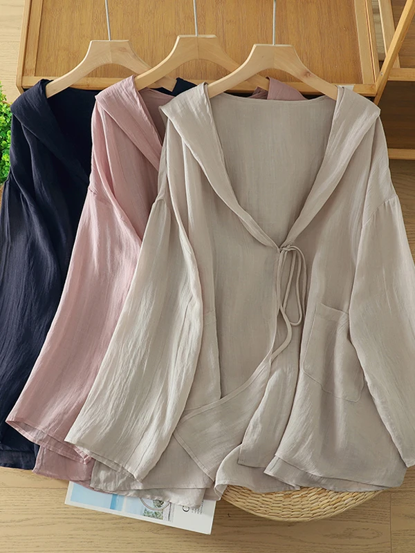 القطن الكتان خفيفة الوزن شعور رائع مقنعين تصميم مربوط irt Jaet بالإضافة إلى حجم المرأة فضفاضة الحماية من الشمس رداء علوي غير رسمي... #1