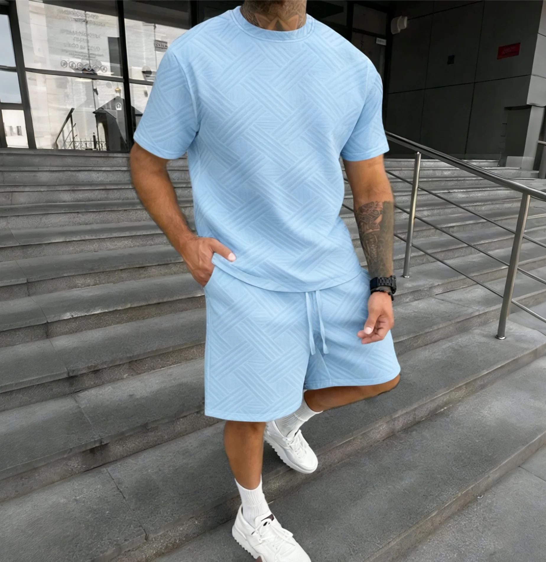 

Men's Solid Color round Neck Short Sleeve T-Shirt And Shorts Set Spring Outdoor Casual Two-Piece Suit European And American Cros