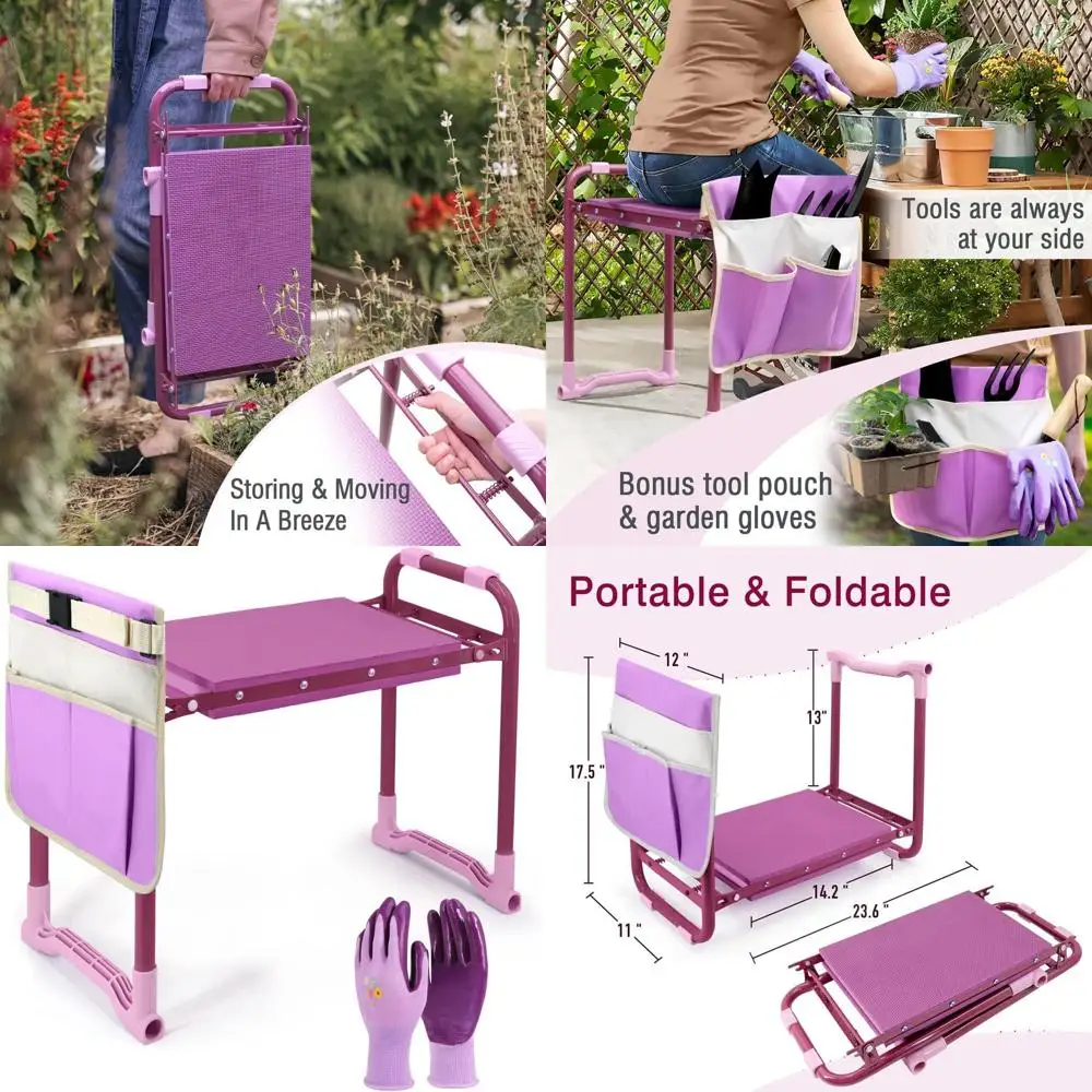 Ginocchiera da giardinaggio viola con struttura in acciaio, sedile e custodia per attrezzi, imbottitura in schiuma EVA per il massimo comfort