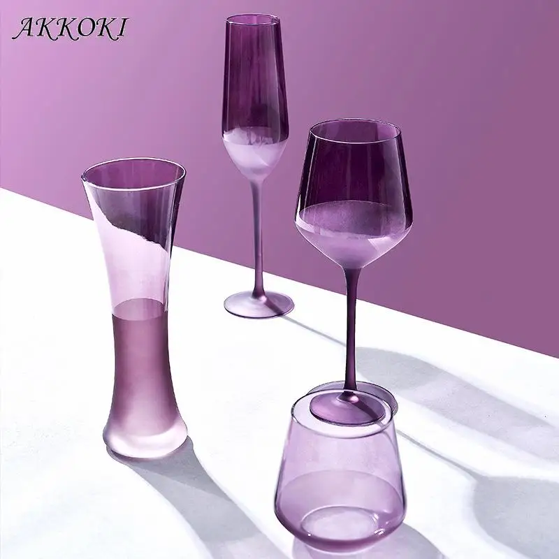 Modern Simple Purple Goblet Wine Glass Red Wine Glass Champagne Whiskey Cup Handmade Semi Transparent Frosting Cup Bar Drinkwear