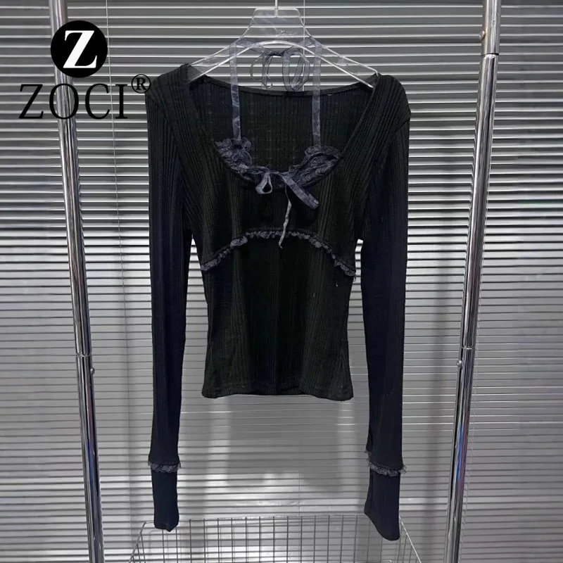 [ZOCI] 2024 Black Two Piece Lace Splicing Neck Hanging Long Sleeved T-shirt Pure Desire Irregular Inner Top Female