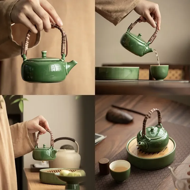 

【CHIMU HOME】 Modern Simplicity Ceramic Kung Fu Teapot for Yue Kiln Celadon Small Single Rattan Canyon Bubble Model