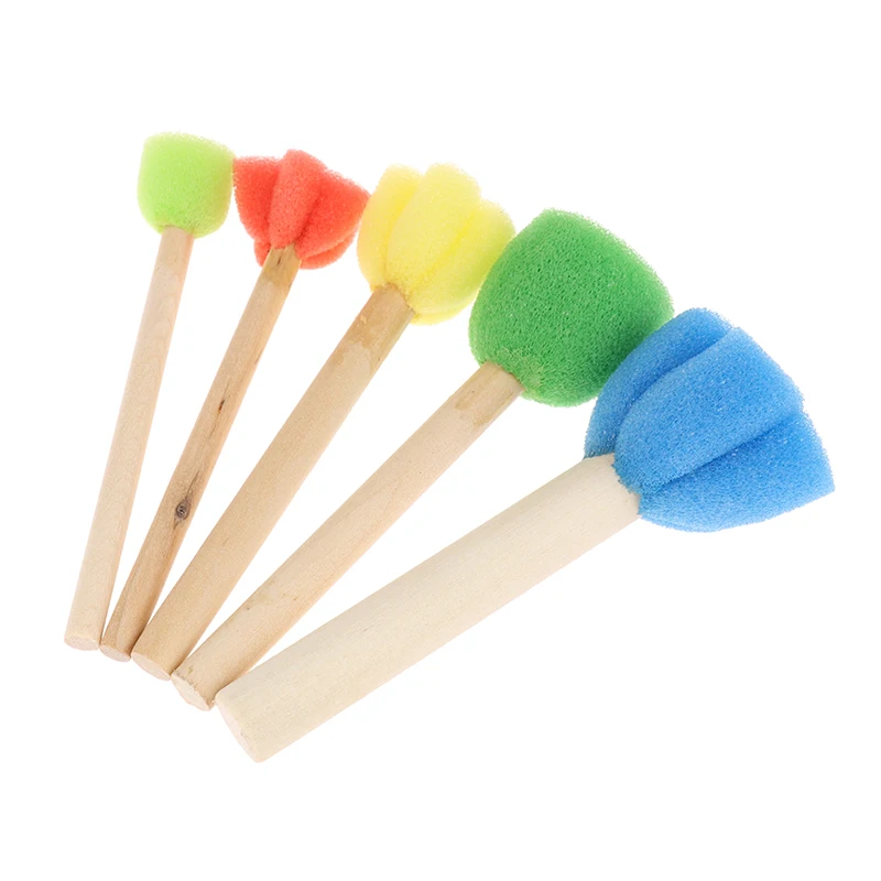 Brosse à peinture avec manche en bois et éponge, 5 pièces/ensemble, outils de bricolage pour enfants, dessin de fleurs colorées amusantes, jouets cadeaux