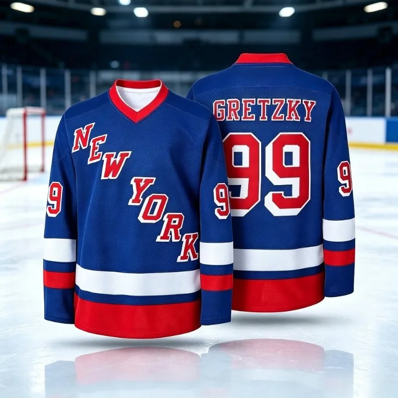 Hot 3D Print Gretzky 99 Inspired New York Hockey Jersey Unisex Blue Red White Striped V‑Neck Long Sleeve Fan Sports Casual Top