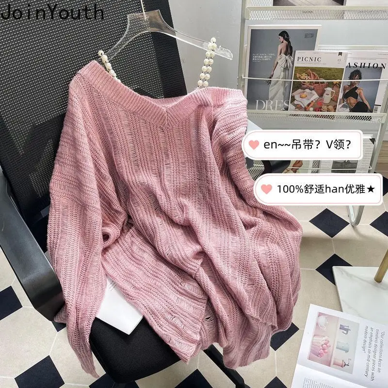 2024 Women Clothing Knit Sweater Off Shoulder Fashion Jumper Pull Femme See Through Thin Casual Pullovers Y2k Tops Sueter Mujer