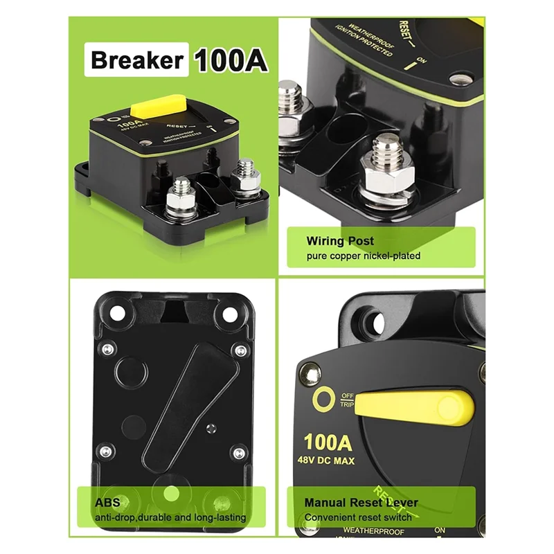 

ABHZ-100 Amp Circuit Breaker DC 12V-48V Fuse W/Manual Reset Switch For RV Car Audio Marine Boat Trolling Motor