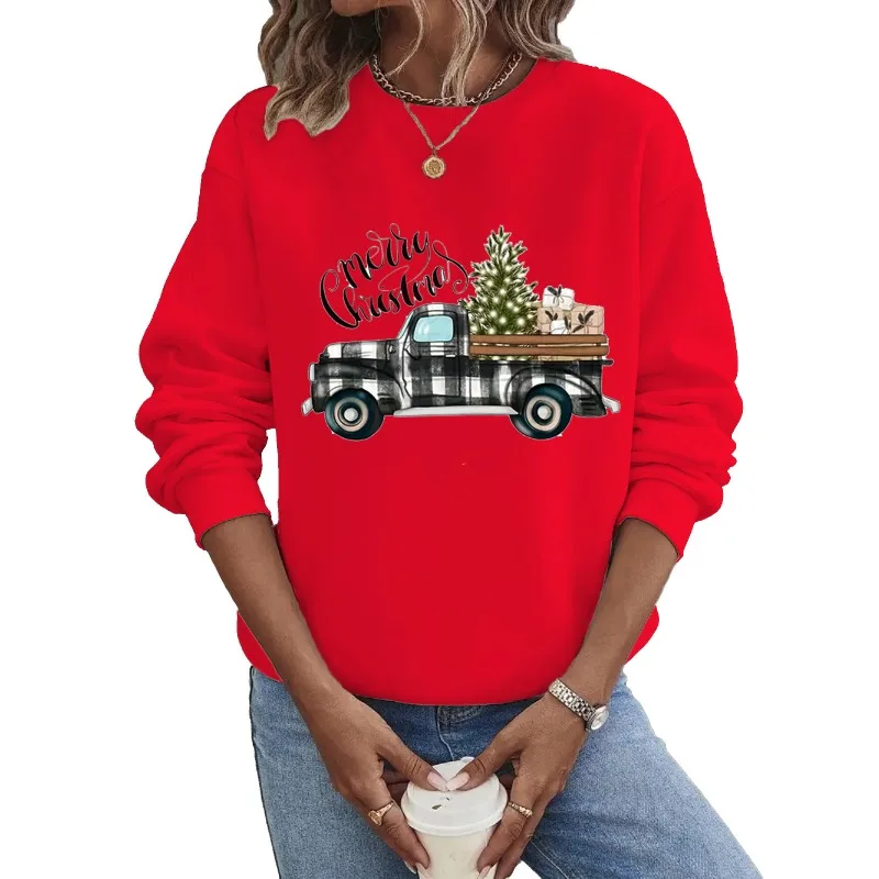 Crew-neck Hoodie Europe and The United States Christmas Long Sleeve Hot Christmas Plaid Truck Print  Hoodies Women  Sweatshirt