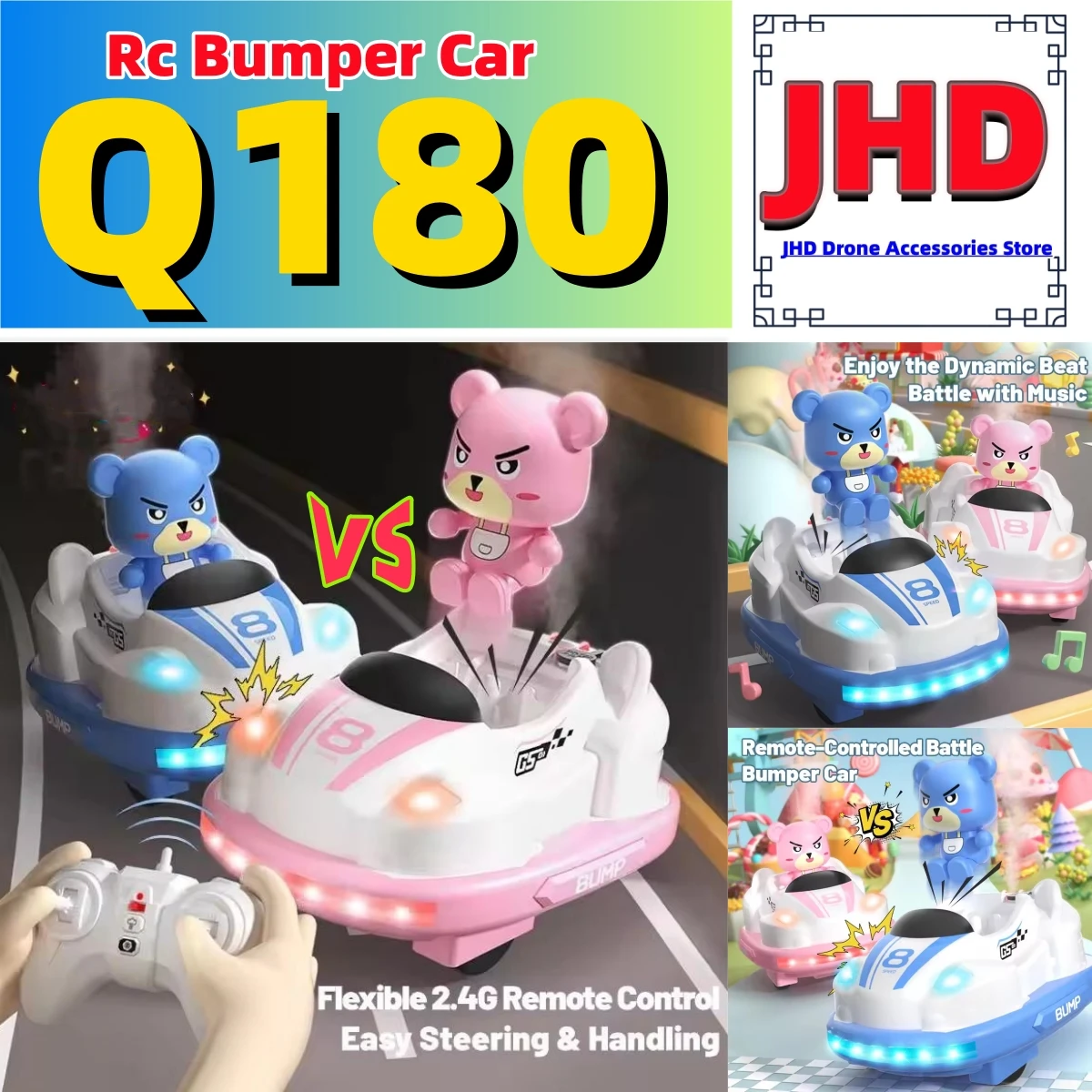 JHD Q180 Rc Bumper Car ound And Light Spray music Parent-child Competitive Interaction Go Kart Battle Q180 Toy for Boy Girl