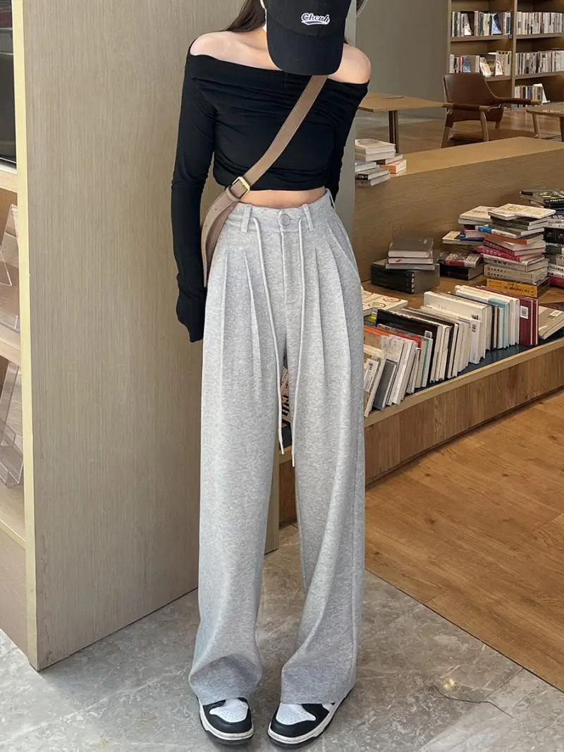 Sports Pants Women\'s Spring/summer High Waist Wide Leg Pants 2023 New Straight Tube Floor Towers Drawstring Grey Sports Pants