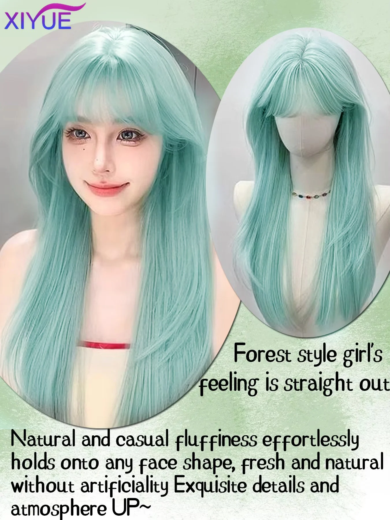 XIYUE Light Green Long Wavy Synthetic Wigs with Bangs Light Green Cosplay Wig for Women Lolita Wig Heat Resistant Natural Hair