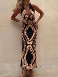 Summer Women Hollow Out Sexy Maxi Dress, Bandage Patchwork Sleeveless Party Dress, 2025 O Neck Backless Simple Chic Ladies Dress